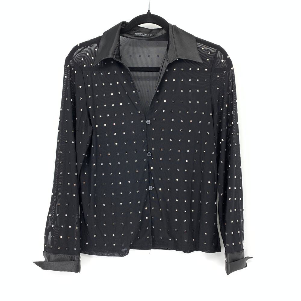 Emerson Lang Collared Semi Sheer Studded Button Front Shirt Black Sz Small